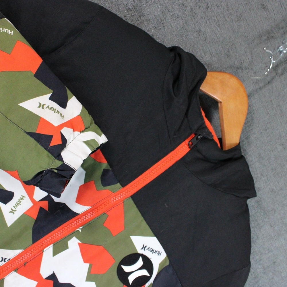 Hurley Boys Camo Hooded Puffer Jacket Green Orange Black Size M 10/12